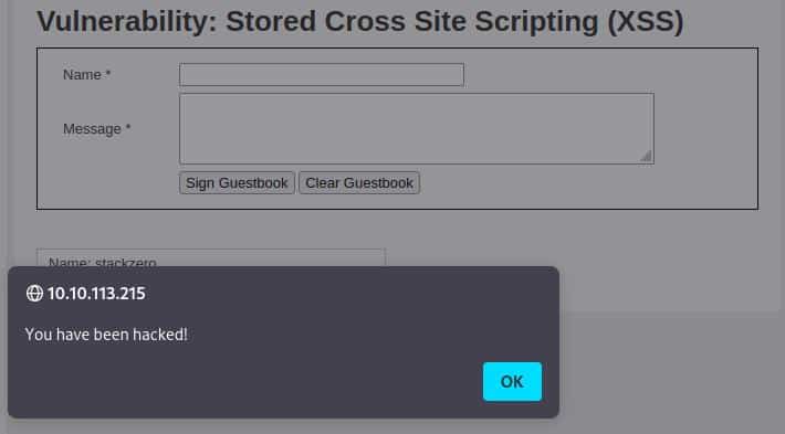 stored xss dvwa low security exploit successful