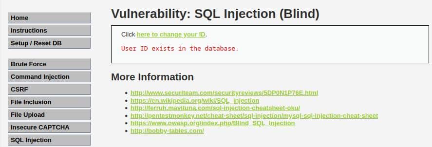DVWA Blind SQL injection high security homepage