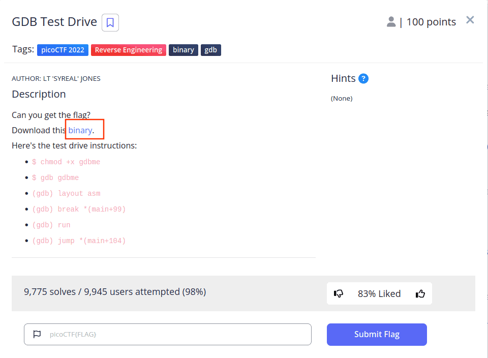 picoctf challenge GDB Test Drive description